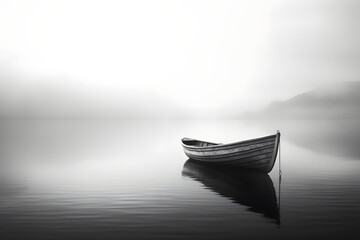 boat in the fog, black and white