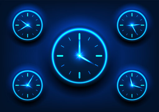 Technology background of multiple watch used to tell time dial clock That shines blue on a dark blue background, with the case making it stand out from the background.