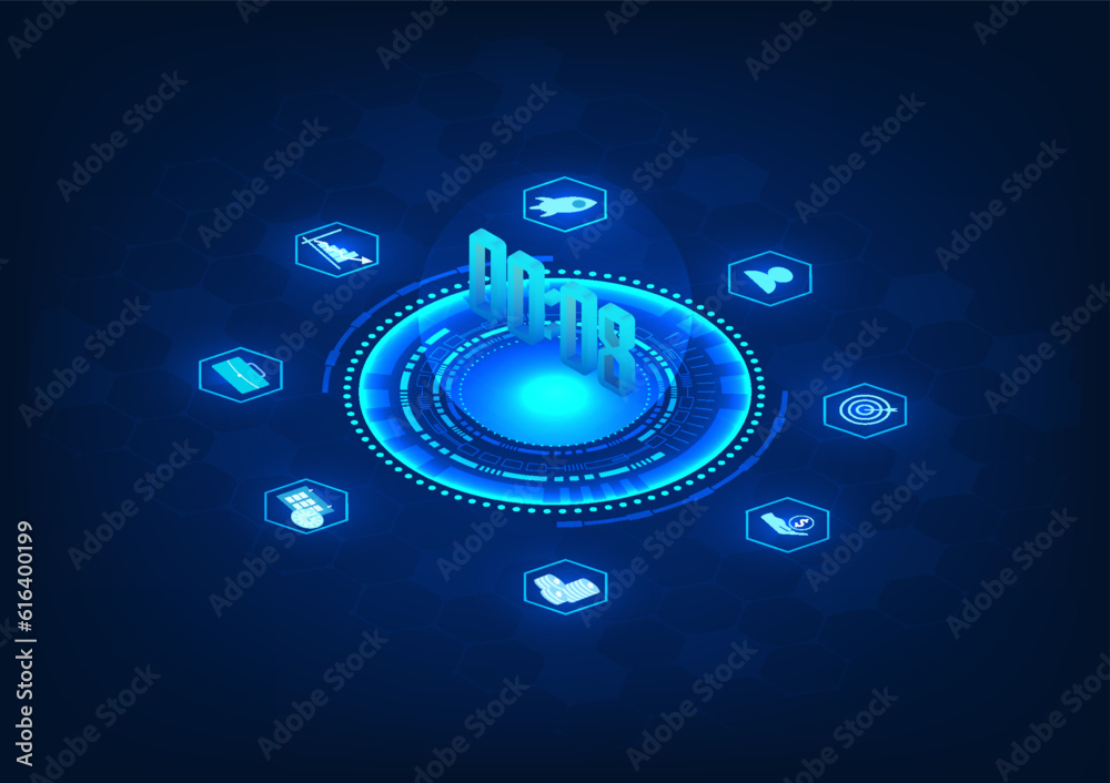 Poster time technology with technology circle with icons it conveys the time of smart technology that has d