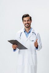 Man doctor in white coat with stethoscope and folder for notes and patient records smile and good test results on white isolated background, copy space, space for text, health