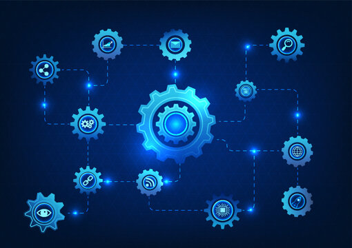 Cog technology background Multiple sizes with technical icons It conveys the propulsion of technology, helping the development of science, industry, and new businesses. Let the economy and people grow