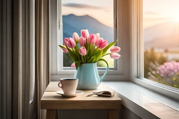 flowers in the window and coffee 