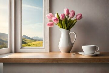 tulips in the window with tea generated by AI tool