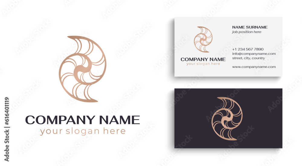 Wall mural Shell logo. Modern seashell, naulilus. Elegant linear logo. Template to create a unique luxury design, logo. Vector