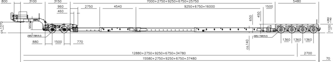 Vector sketch of a truck tailgate long trailer illustration with scale of sizes