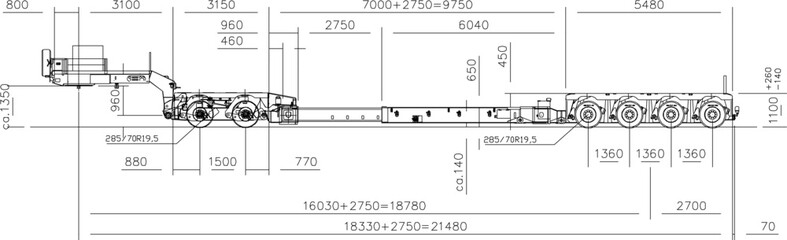 Vector sketch of a truck tailgate long trailer illustration with scale of sizes 