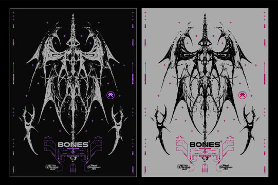Modern poster in gothic style. Gothcore print, 3D abstract symmetrical spikes with bones. Dark print for t-shirt, hoodie and sweatshirt
