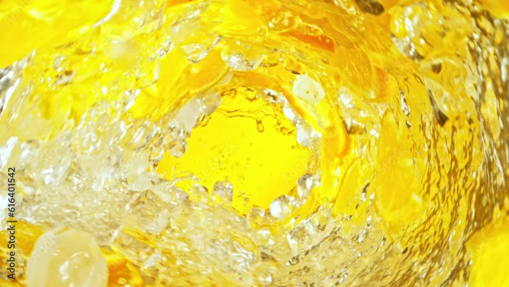 Poster Super Slow Motion of Water Wave with Orange Slices. Water Surf Wave Rotating Around in Creating Tunnel Shape. Filmed on high speed cinema camera, 1000 fps.