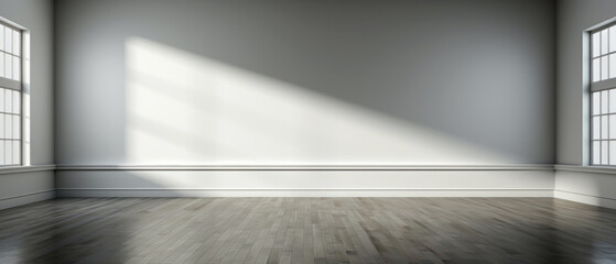 empty white wall room with wooden floor and one windows in each side. Shadow on the back wall.