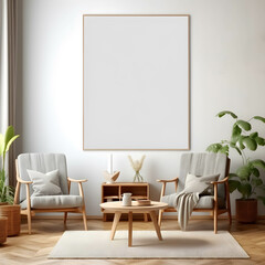 a mockup of an empty, blank poster, frame empty, in a bohemian Living Room with generative Ai.