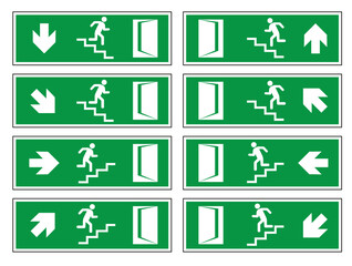 Emergency exit door. Sign with a human figure on the stairs. Vector illustration.