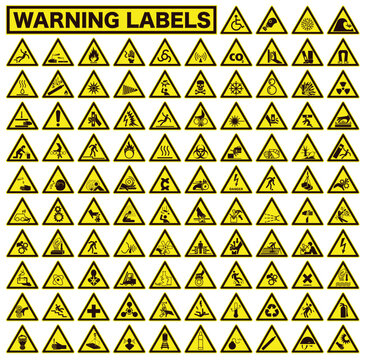 Collection of warning and safety signs. Set of safety and caution signs. Triangular yellow signs.