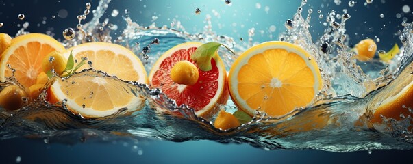 Fresh citrus fruits, water splash on blue background.