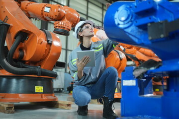 Mechanical engineers with robotic welder., Programming development technology work. Female industrial engineer working at automated AI robotic production factory