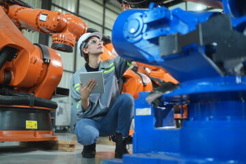 Engineer female checking and controlling automation robot arms machine in intelligent factory industrial on real time monitoring system software. Welding robotics and digital manufacturing operation.