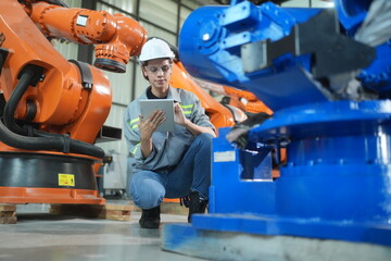 Mechanical engineers with robotic welder., Programming development technology work. Female industrial engineer working at automated AI robotic production factory