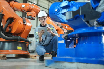 Mechanical engineers with robotic welder., Programming development technology work. Female industrial engineer working at automated AI robotic production factory