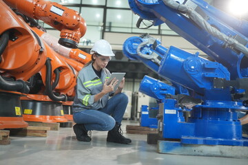 Engineer female checking and controlling automation robot arms machine in intelligent factory industrial on real time monitoring system software. Welding robotics and digital manufacturing operation.