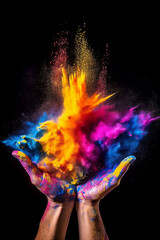 Obraz na płótnie Canvas colorful rainbow holi paint color powder explosion from hands isolated on black, generative ai