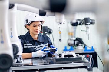Mechanical engineers with robotic welder., Programming development technology work. Female industrial engineer working at automated AI robotic production factory
