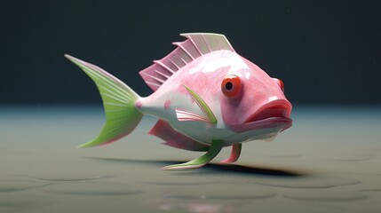 a fish that is pink and white on the sides and has a green fin