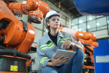 Mechanical engineers with robotic welder., Programming development technology work. Female industrial engineer working at automated AI robotic production factory