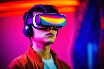 Portrait of a futuristic young man wearing virtual reality glasses.Generative Ai