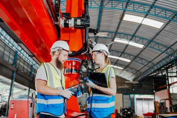 Mechanical engineers with robotic welder., Programming development technology work. Female industrial engineer working at automated AI robotic production factory