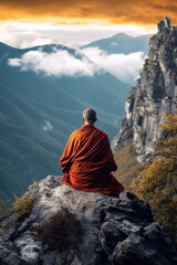 tibetan monk sitting on a stone meditating in a mountain, rear view, Generative AI