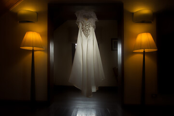 Beautiful wedding dress hanging in the bride's room in darkness