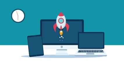 rocket start up and esponsive digital device.computer, laptop and tablet with clock.