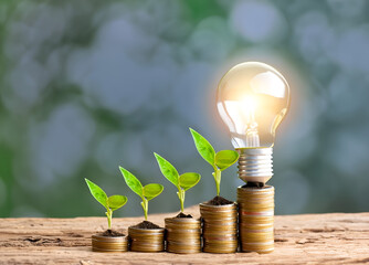 tree growing on coins and light bulb. concept saving money with energy, Ai Generative