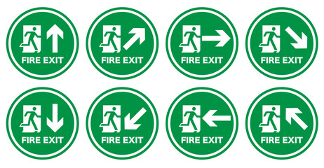 Square stickers indicating the direction of the fire exit. Emergency exit and action in case of fire. EPS 10.