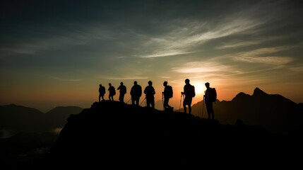 Fototapeta na wymiar Silhouette of Business People and hikers Celebrating At Sunset