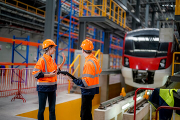 Engineer Checking and maintaining Machine Equipment of train in station.