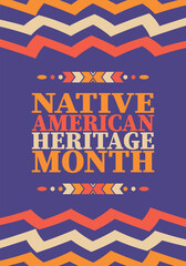 Naklejka premium Native American Heritage Month. American Indian culture. Celebrate annual in in November in United States. Tradition Indian pattern. Poster and banner. Vector authentic ornament, ethnic illustration