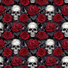 3d skull and red roses seamless pattern