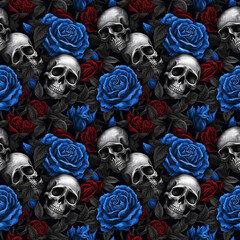 3d skull and blue and red roses seamless pattern