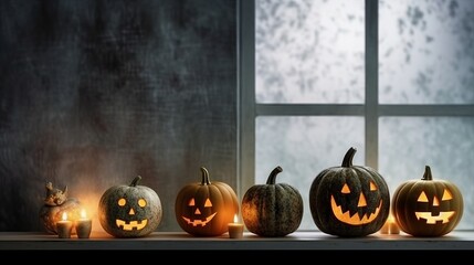 
Halloween pumpkin with an evil carved muzzle in a festive interior, Witch's Night or All Saints' Eve. Vegetable jack lantern decoration. Hand crafted from food, carving for the holiday. Generative AI