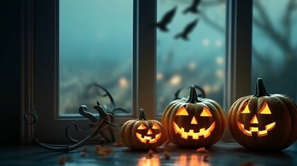 Fototapeta premium Halloween pumpkin with an evil carved muzzle in a festive interior, Witch's Night or All Saints' Eve. Vegetable jack lantern decoration. Hand crafted from food, carving for the holiday. Generative AI