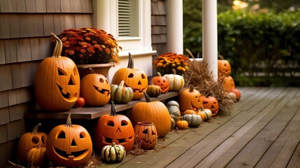 Obraz premium Halloween pumpkin with an evil carved muzzle in a festive interior, Witch's Night or All Saints' Eve. Vegetable jack lantern decoration. Hand crafted from food, carving for the holiday. Generative AI