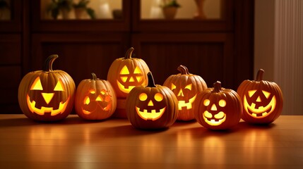 Obraz premium Halloween pumpkin with an evil carved muzzle in a festive interior, Witch's Night or All Saints' Eve. Vegetable jack lantern decoration. Hand crafted from food, carving for the holiday. Generative AI