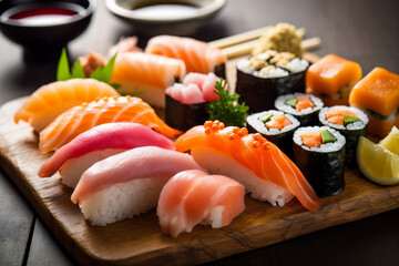 food japan fish sushi rice japanese meal set seafood roll. Generative AI.