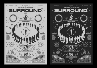 Stickers pour porte Papillons en grunge Grunge poster with blurred silhouettes of people "surround". Gothic elements for design, print for t-shirt, hoodie and sweatshirt. Isolated on black and white background