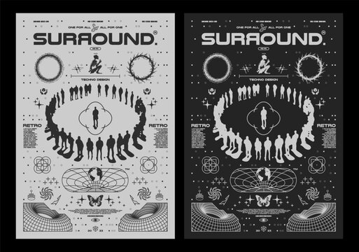 Grunge poster with blurred silhouettes of people "surround". Gothic elements for design, print for t-shirt, hoodie and sweatshirt. Isolated on black and white background