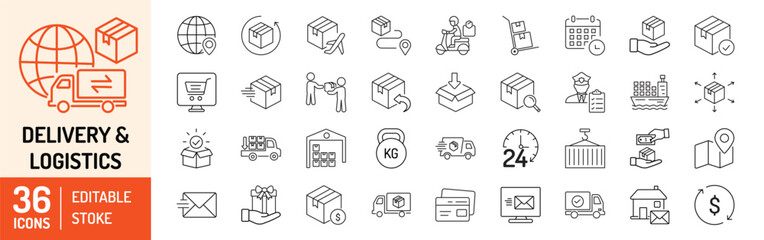 Delivery and Logistics editable stroke outline icons set. Delivery, logistics, cargo, freight, shipping, order tracking, package and shipment. Vector illustration - obrazy, fototapety, plakaty