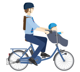 電動アシスト自転車に乗るヘルメットを被ったビジネスマン男性と子供のイラスト・通勤、登園風景