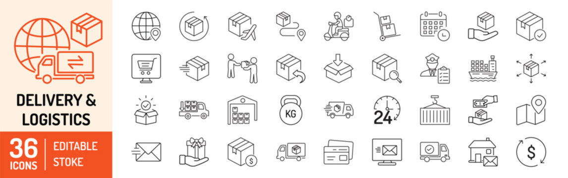 Delivery and Logistics editable stroke outline icons set. Delivery, logistics, cargo, freight, shipping, order tracking, package and shipment. Vector illustration