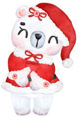 Cute Christmas Polar Bear in Santa Dress, Cartoon Watercolor Illustration