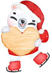 Cute Christmas Polar Bear in Santa Dress holding wooden board sign Cartoon Watercolor Illustration